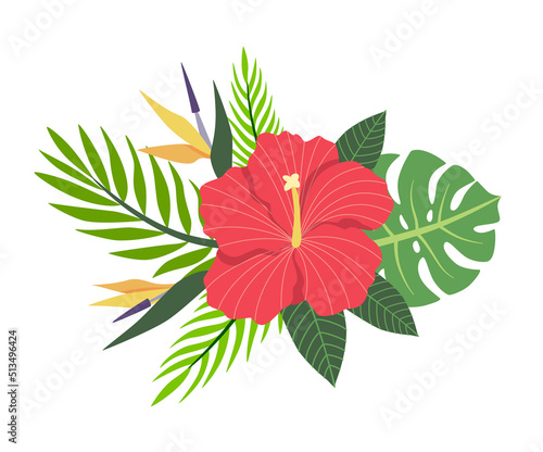 Bouquet with hibiscus, exotic palm leaves and monstera isolated on white background. Card with vector floral illustration. Flat Plant Composition. Botanical summer decor