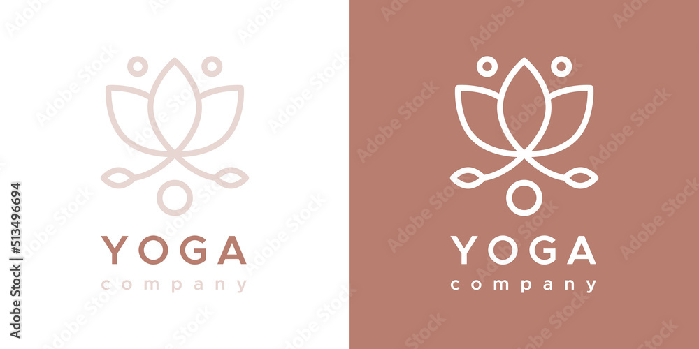 Yoga company logo. Outline floral symbol. For company brand, packaging, product. Logotype in two versions: color and white. Vector illustration, flat design Yoga company logo. Outline floral symbol. For company brand, packaging, product. Logotype in two versions: color and white. Vector illustration, flat design