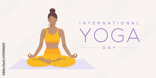 International Yoga Day. Woman with closed eyes in lotus pose. Concept of balance, calm, meditation. Horizontal format. Vector illustration, flat design