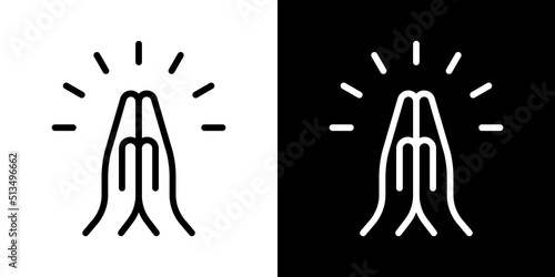 Praying hands icon. Concept of gratitude, welcome, prayer. Symbol in two versions: black and white outline. Vector illustration, flat design