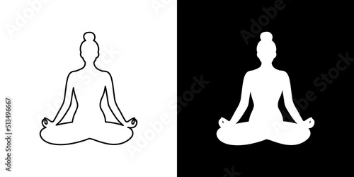 Woman icon in yoga lotus position. Symbol in two versions: black outline and white silhouette.Vector illustration, flat design