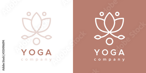 Yoga company logo. Outline floral symbol. For company brand, packaging, product. Logotype in two versions: color and white. Vector illustration, flat design