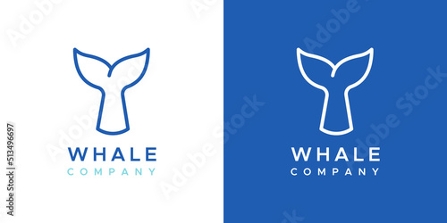 Whale tail company logo. Concept of whale watching, environmental education, cetacean conservation. Logotype in two versions: color and white. Vector illustration, flat design