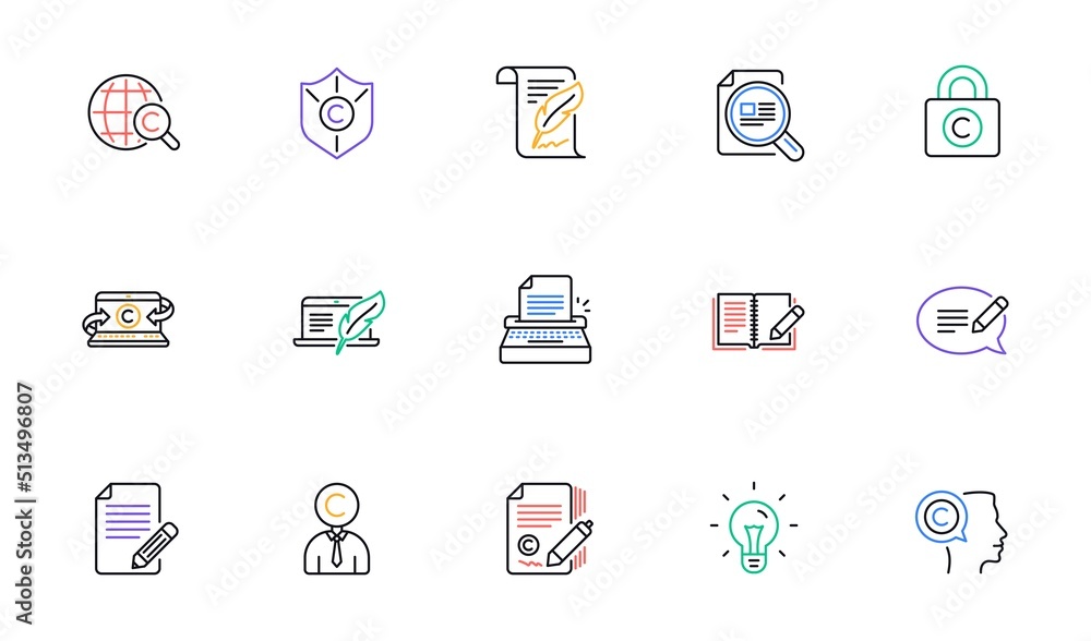 Copywriting line icons. Copyright, Typewriter and Feedback. Legal content linear icon set. Bicolor outline web elements. Vector