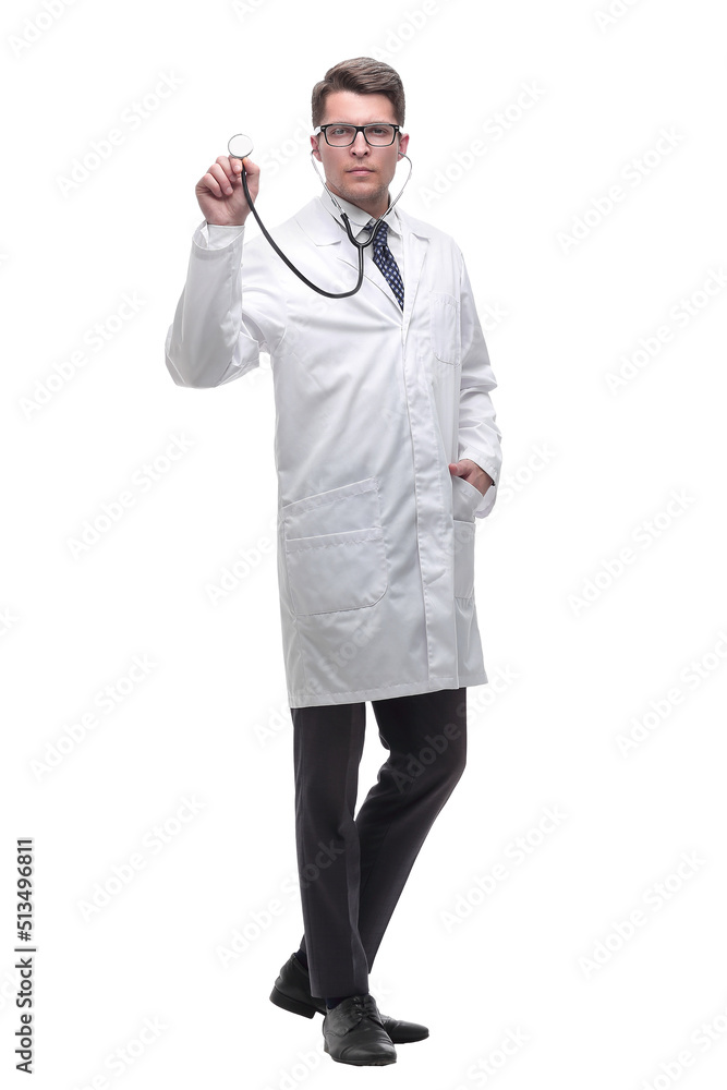 friendly doctor therapist showing his stethoscope. isolated on white friendly doctor therapist showing his stethoscope. isolated on white