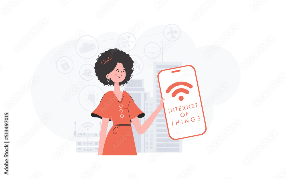 IoT concept. The girl is holding a phone with the IoT logo in her hands. Trendy flat style. Vector illustration. IoT concept. The girl is holding a phone with the IoT logo in her hands. Trendy flat style. Vector illustration.