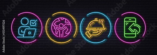 Online voting, Restaurant food and Global business minimal line icons. Neon laser 3d lights. Incoming call icons. For web, application, printing. Internet poll, Room service, Outsourcing. Vector