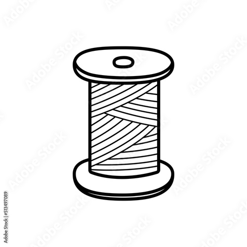 Icon spool of thread for sewing and needlework. Vector doodle illustration of linen thread on a wooden spool.