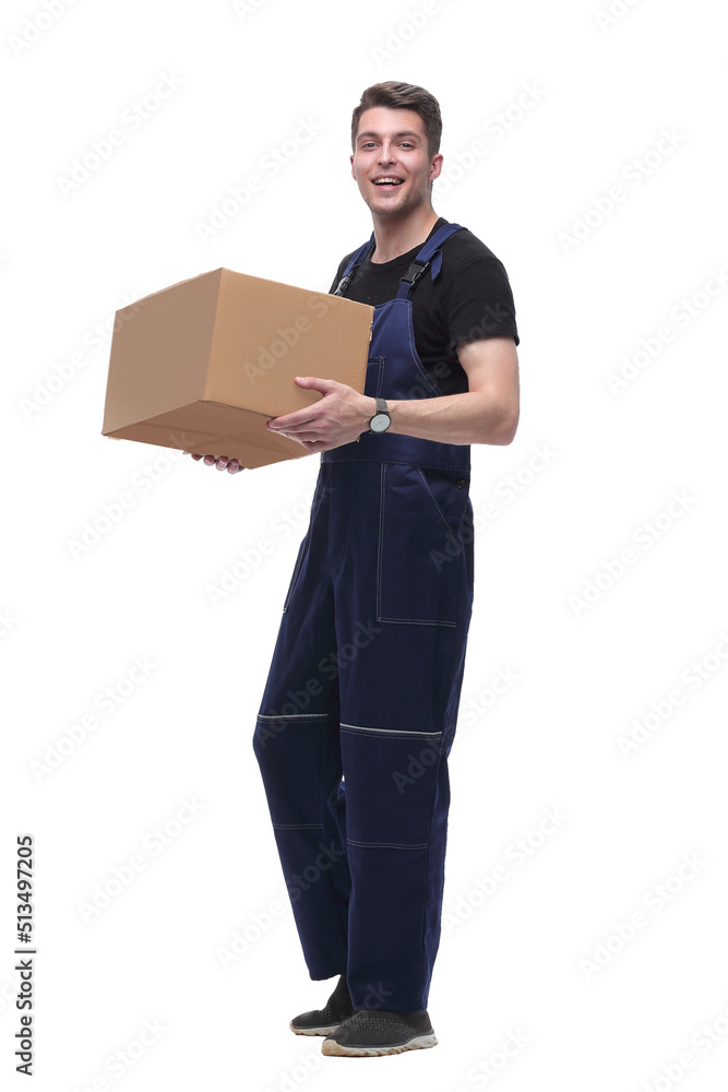 man in overalls with a cardboard box. isolated on white man in overalls with a cardboard box. isolated on white