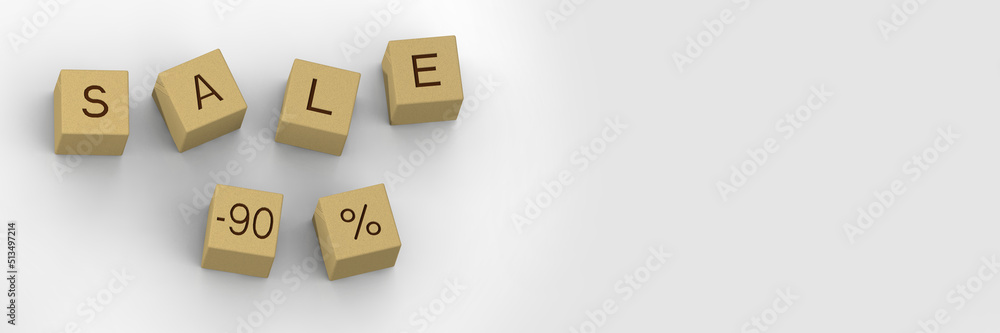 inscription from the sale of wooden cubes minus ninety percent. wooden cubes on white background. Horizontal image. Banner for insertion into site. Place for text cope space. 3D image. 3D rendering. inscription from the sale of wooden cubes minus ninety percent. wooden cubes on white background. Horizontal image. Banner for insertion into site. Place for text cope space. 3D image. 3D rendering.