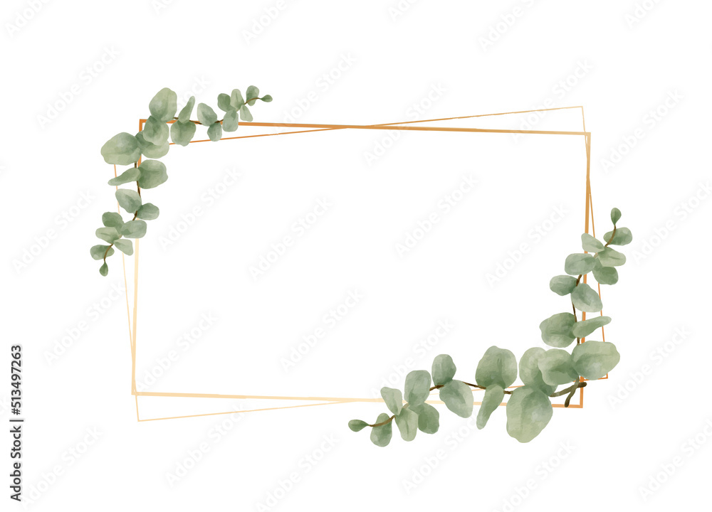 Greenery Eucalyptus Leaves Watercolor with geometric luxury gold frame ...