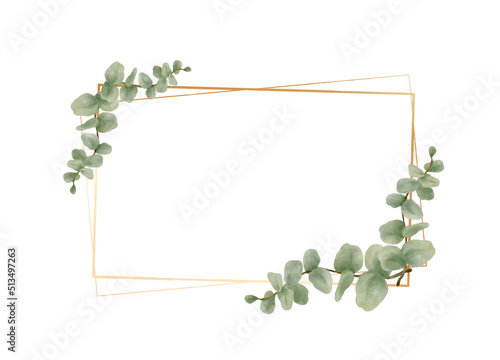 Greenery Eucalyptus Leaves Watercolor with geometric luxury gold frame isolated on white background. Natural border for wedding, invitation and card vector illustration