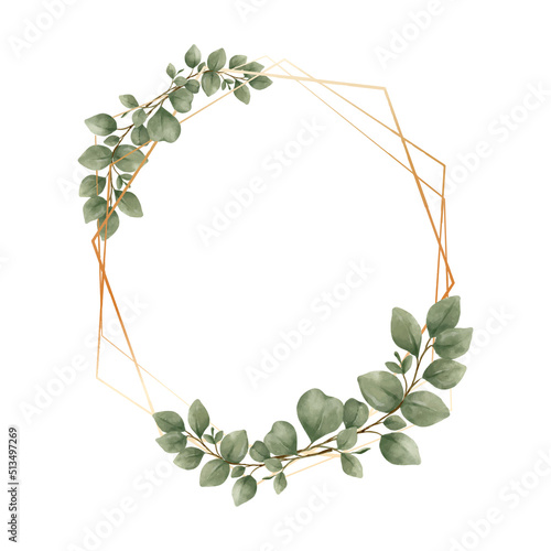 Greenery Eucalyptus Leaves Watercolor with geometric luxury gold frame isolated on white background. Natural border for wedding, invitation and card vector illustration