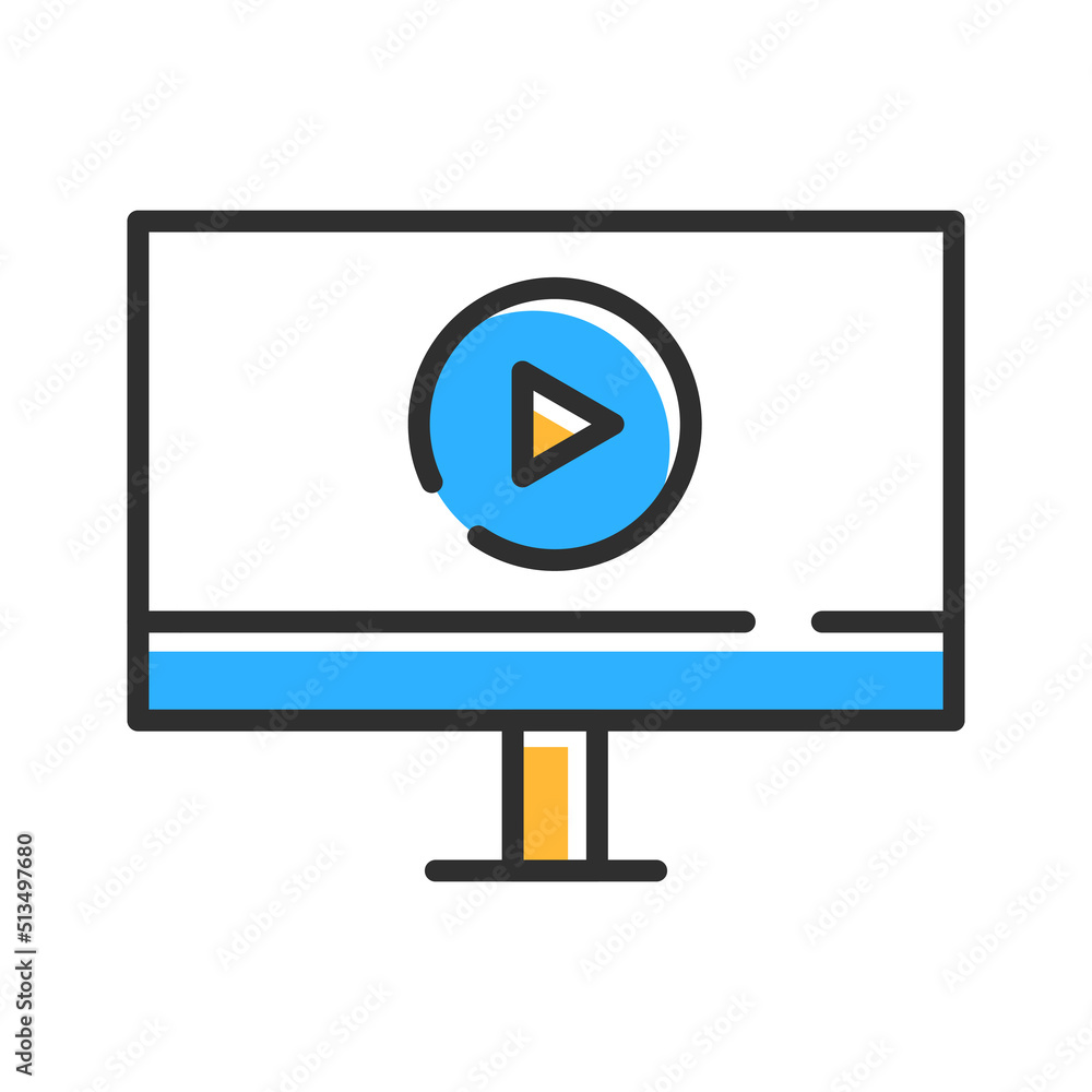Play icon in monitor display. Computer with play button. Vector illustration Play icon in monitor display. Computer with play button. Vector illustration