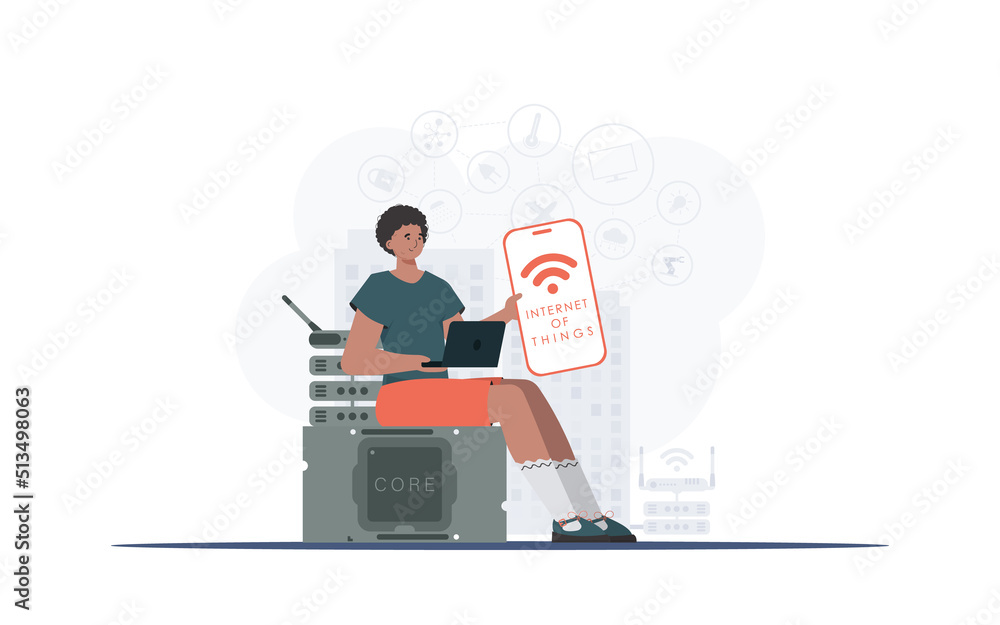 Internet of things concept. A man holds a phone with the IoT logo in his hands. Vector illustration in flat style.