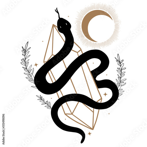 Floral magic Snake. Snake and crystal. Halloween and boho Floral design. Botanical elements. Rustic decorative plants. Black silhouette snake. Minimal snakes for logo, tattoo