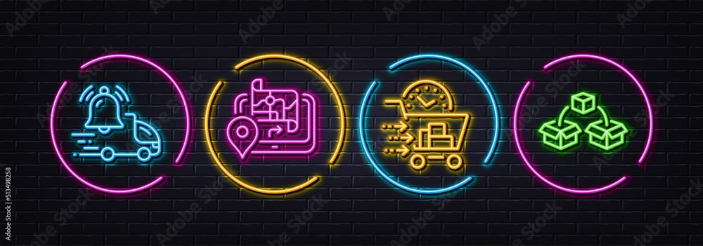 Delivery notification, Food delivery and Gps minimal line icons. Neon laser 3d lights. Parcel shipping icons. For web, application, printing. Reminder bell, Shopping cart, Journey map. Vector