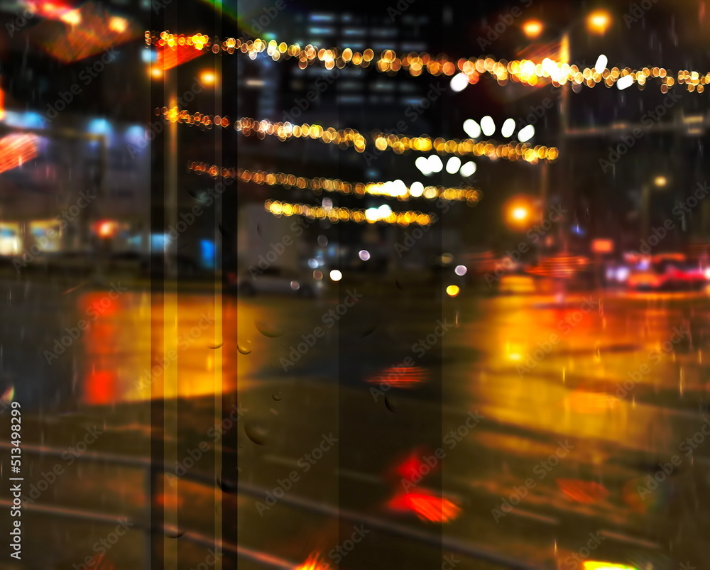city night light  street reflection  car traffic buildings blurred light red yellow bokeh vew from window urban  holiday  lifestyle
