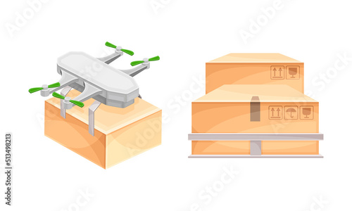Automated quadcopters delivering packages to customers set. Modern delivery service technology vector illustration