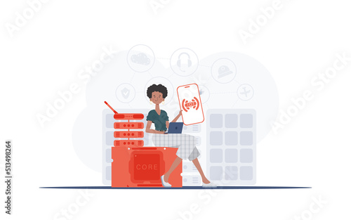 Internet of things concept. A woman holds a phone with the IoT logo in her hands. Vector illustration in flat style.