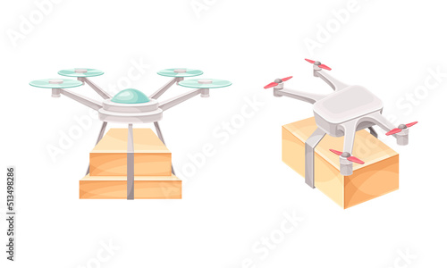 Drones flying with package box set. Modern delivery service technology vector illustration
