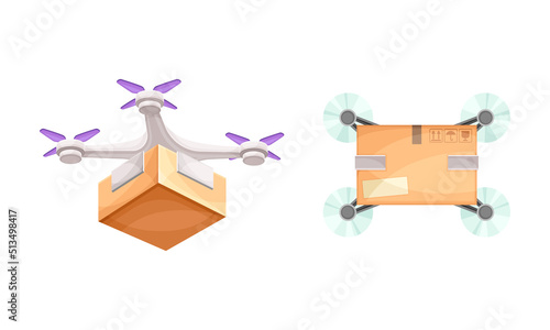 Shipping parcel with drone. Modern delivery service technology vector illustration