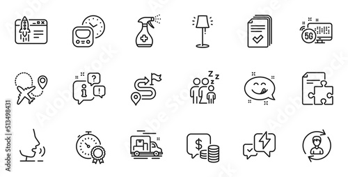 Outline set of Strategy, Airplane and Journey line icons for web application. Talk, information, delivery truck outline icon. Include Lightning bolt, Handout, Human resources icons. Vector