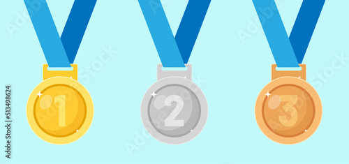 Set of flat sports medals. Gold, silver and bronze medal in flat style - Vector art