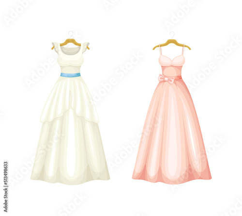 Two dresses on hangers set. Pink and white party dress vector illustration