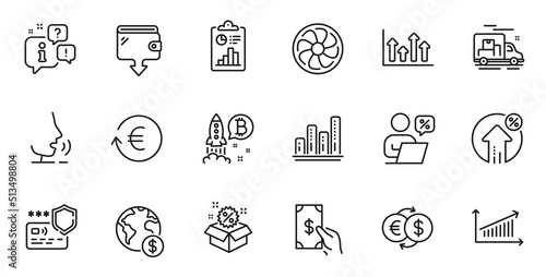 Outline set of Upper arrows, Fan engine and Wallet line icons for web application. Talk, information, delivery truck outline icon. Include Report, Money exchange, Receive money icons. Vector © blankstock