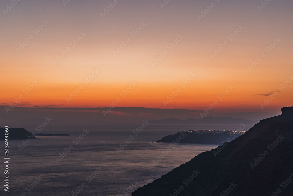 Amazing sunset from Fira (Thera) in Santorini and amazing calderas.