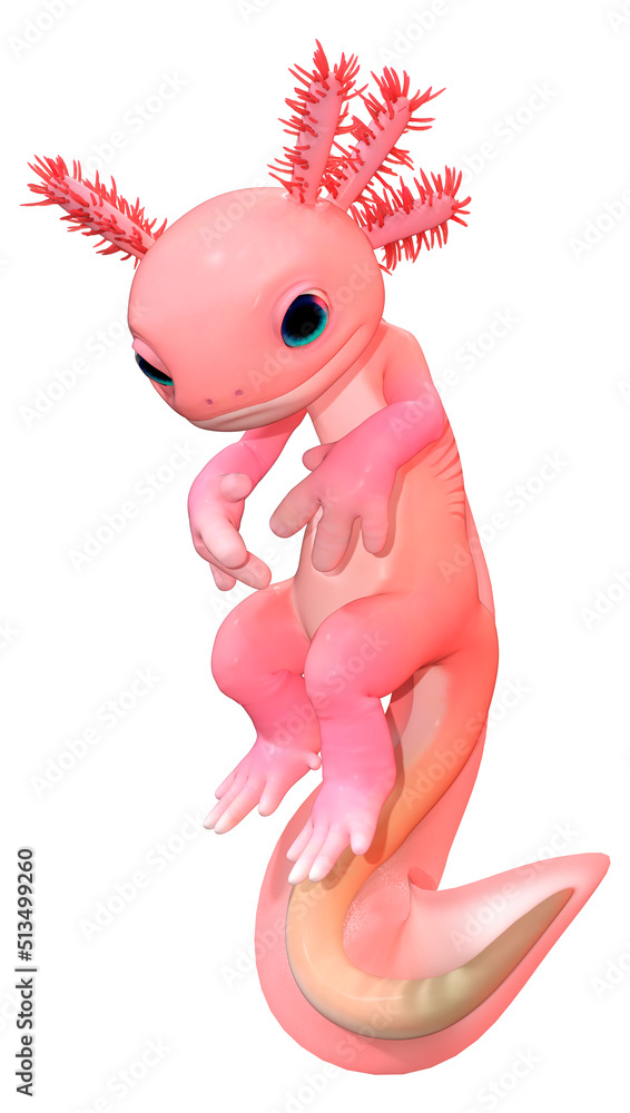 3D Rendering Cartoon Axolotl on White