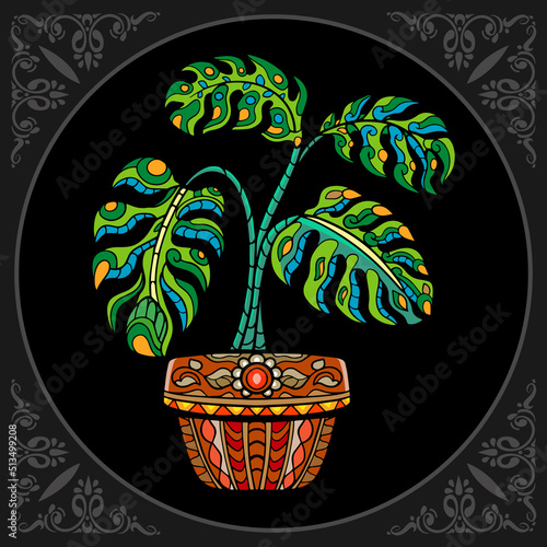 Colorful monstera deliciosa plant zentangle arts, isolated on black background