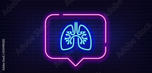 Neon light speech bubble. Lungs line icon. Pneumonia disease sign. Respiratory distress symbol. Neon light background. Lungs glow line. Brick wall banner. Vector
