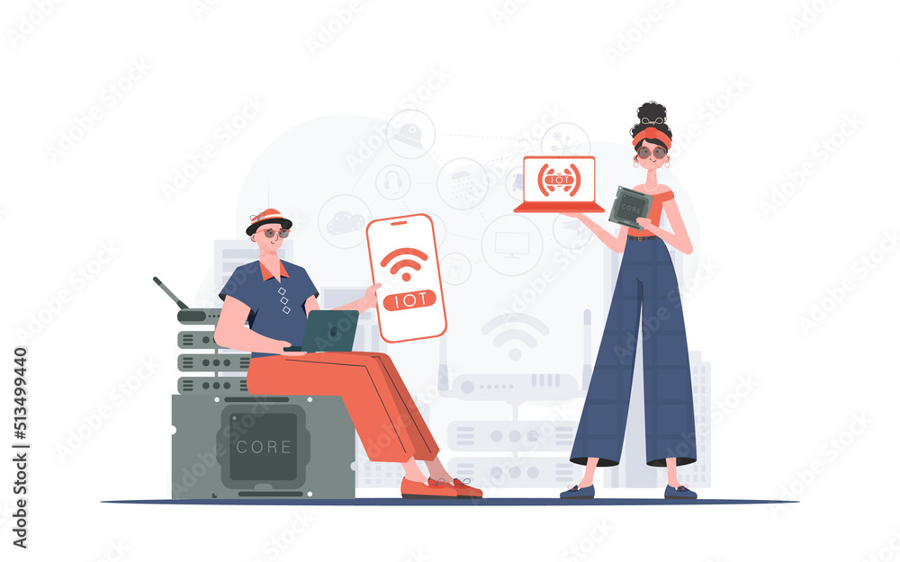 IoT concept. The girl and the guy are a team in the field of Internet of things. Good for presentations and websites. Vector illustration in flat style. IoT concept. The girl and the guy are a team in the field of Internet of things. Good for presentations and websites. Vector illustration in flat style.