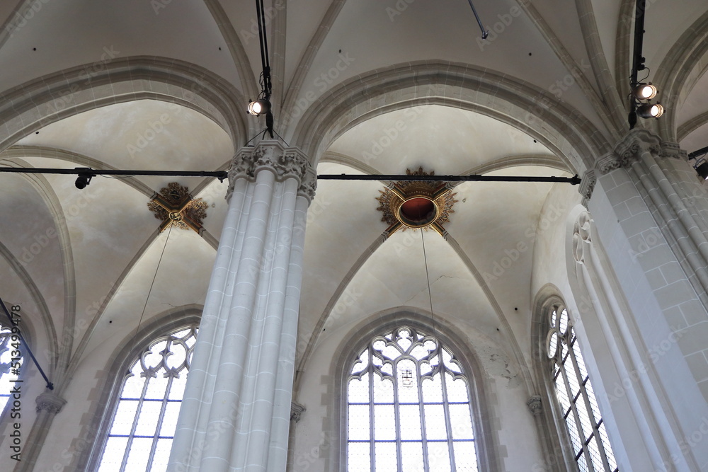 Amsterdam Nieuwe Kerk Church Interior View with Windows, Arches and Ceiling Decoration, Netherlands