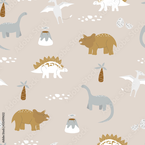 Kids seamless pattern with dinosaurs. Cartoon flat animals. Creative baby print with dino in Scandinavian style. Vector background in pastel trendy colors. Cute dino. Bohemian textile and wallpaper