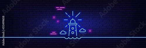 Neon light glow effect. Lighthouse line icon. Beacon tower sign. Searchlight building symbol. 3d line neon glow icon. Brick wall banner. Lighthouse outline. Vector