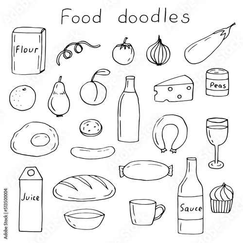 Food set vector illustration, hand drawing doodles