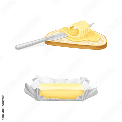 Brick of butter and toast of bread with curl of butter and knife vector illustration