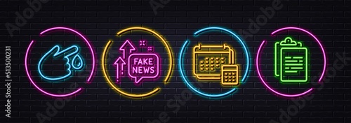 Account, Blood donation and Fake news minimal line icons. Neon laser 3d lights. Clipboard icons. For web, application, printing. Calculate budget, Injury, Wrong fact. Survey document. Vector