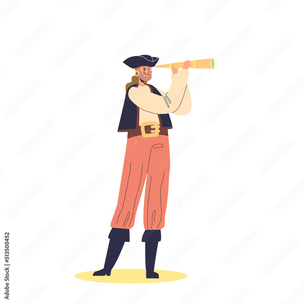 Pirate looking in spyglass. Buccaneer, sailor cartoon character. Medieval sea dog, boatswain Pirate looking in spyglass. Buccaneer, sailor cartoon character. Medieval sea dog, boatswain