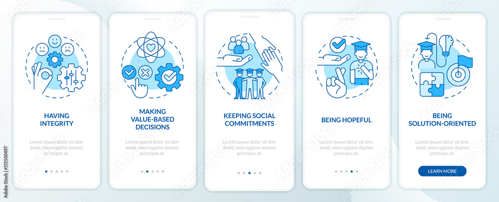 Skills for students blue onboarding mobile app screen. Efficiency walkthrough 5 steps editable graphic instructions with linear concepts. UI, UX, GUI template. Myriad Pro-Bold, Regular fonts used