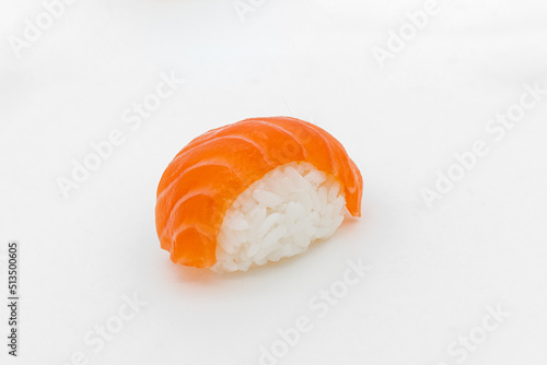 salmon nigiri sushi on white bottom