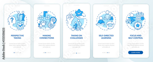 Skills for kids blue onboarding mobile app screen. Children growth walkthrough 5 steps editable graphic instructions with linear concepts. UI, UX, GUI template. Myriad Pro-Bold, Regular fonts used