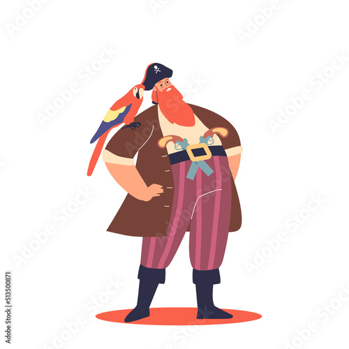Cartoon pirate captain with two pistols and parrot on shoulder. Funny pirate sailor in captain hat