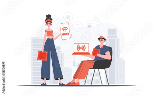 IOT and automation concept. The girl and the guy are a team in the field of Internet of things. Good for websites and presentations. Vector illustration. © Javvani