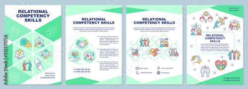 Relational competency skills green brochure template. Leaflet design with linear icons. Editable 4 vector layouts for presentation, annual reports. Arial-Black, Myriad Pro-Regular fonts used