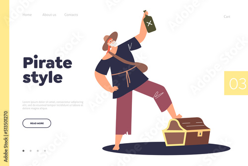 Pirate style concept of landing page with cartoon sailor holding bottle of rum leg on treasure box