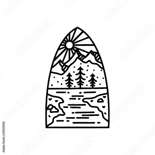 Sunrise Island lake with mountain slope Hill vector illustration logo
